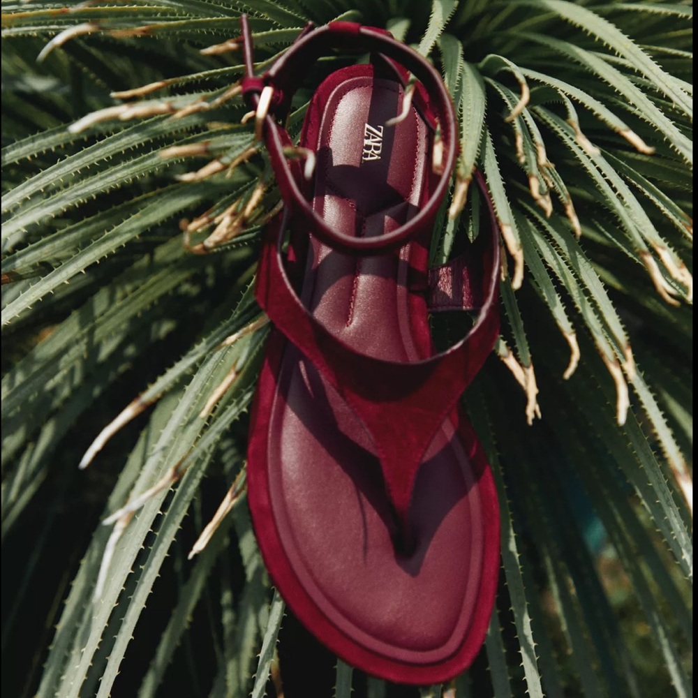 NWT ZARA SPLIT LEATHER FLAT TOE LOOP SANDALS IN R… - image 2